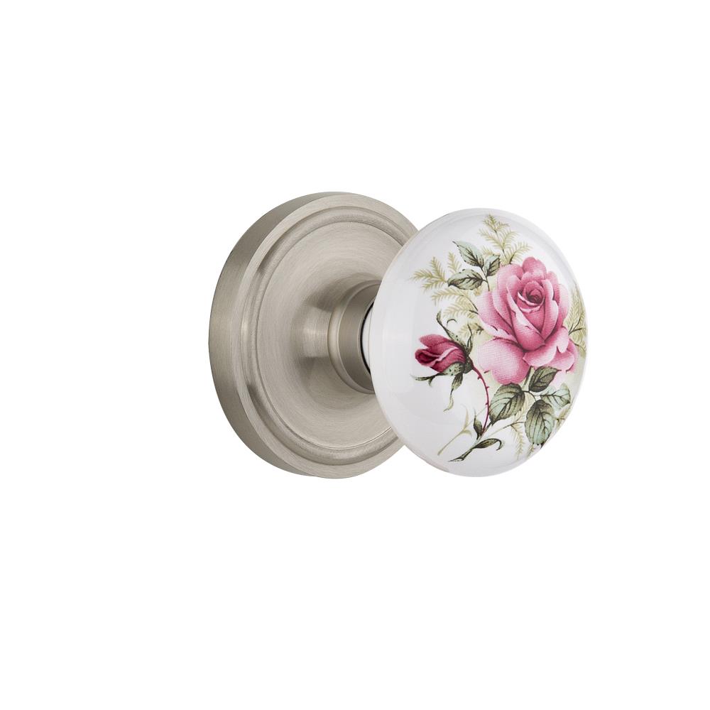Nostalgic Warehouse CLAROS Privacy Knob Classic Rose with Rose Porcelain Knob in Satin Nickel